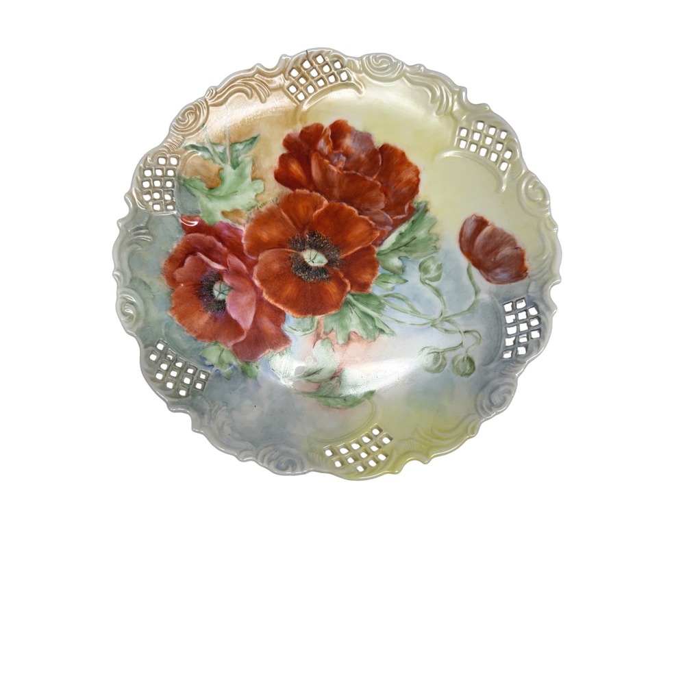 Vintage‎ Reticulated Porcelain Cabinet Plate Red Poppy Hand Painted Lattice Rim